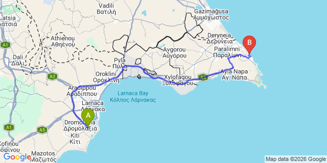Map: Larnaca Airport (LCA) to Pernera