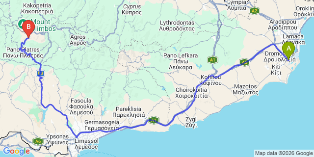 Map: Larnaca Airport (LCA) to Troodos Mountain