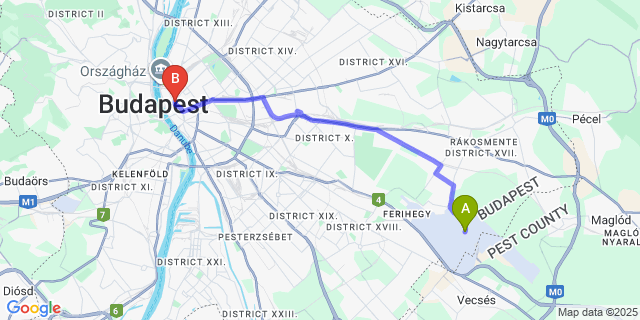 Map: Budapest Airport (BUD), Ferihegy, Liszt Ferenc to A43 Apartment Budapest