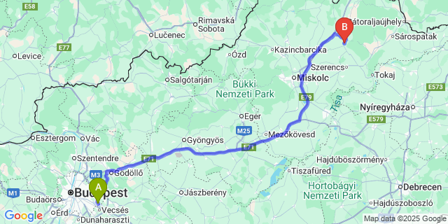Map: Budapest Airport (BUD), Ferihegy, Liszt Ferenc to Abaújszántó
