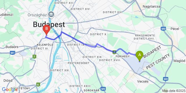 Map: Budapest Airport (BUD), Ferihegy, Liszt Ferenc to Ábel Pension Budapest