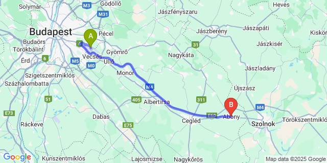 Map: Budapest Airport (BUD), Ferihegy, Liszt Ferenc to Abony