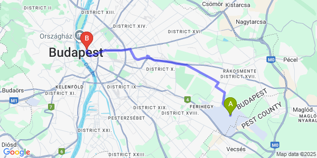 Map: Budapest Airport (BUD), Ferihegy, Liszt Ferenc to Adagio Hostel Basilica