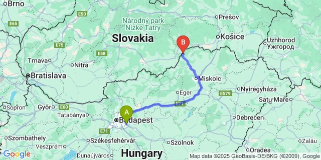 Map: Budapest Airport (BUD), Ferihegy, Liszt Ferenc to Aggtelek