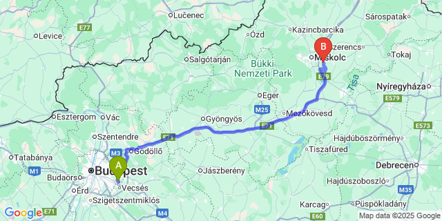 Map: Budapest Airport (BUD), Ferihegy, Liszt Ferenc to Alsózsolca