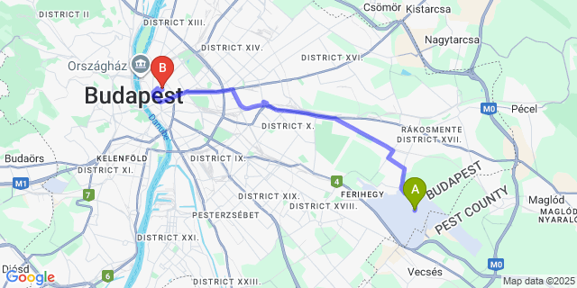 Map: Budapest Airport (BUD), Ferihegy, Liszt Ferenc to Ambra Hotel