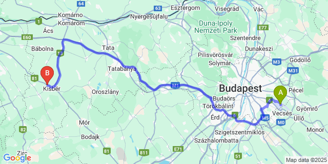 Map: Budapest Airport (BUD), Ferihegy, Liszt Ferenc to Ászár