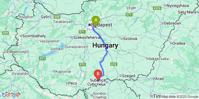 Map: Budapest Airport (BUD), Ferihegy, Liszt Ferenc to Bácsalmás