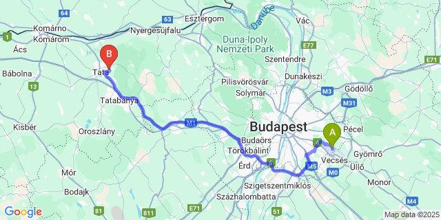 Map: Budapest Airport (BUD), Ferihegy, Liszt Ferenc to Baj