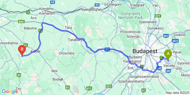 Map: Budapest Airport (BUD), Ferihegy, Liszt Ferenc to Bakonybánk
