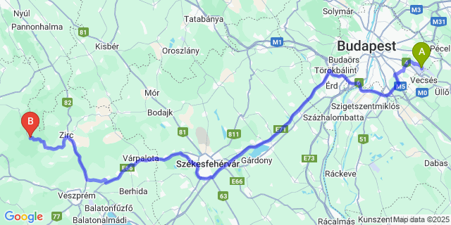 Map: Budapest Airport (BUD), Ferihegy, Liszt Ferenc to Bakonybél