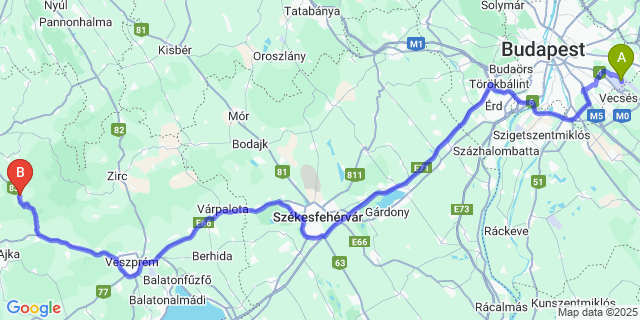 Map: Budapest Airport (BUD), Ferihegy, Liszt Ferenc to Bakonyjákó