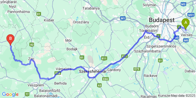 Map: Budapest Airport (BUD), Ferihegy, Liszt Ferenc to Bakonyszücs