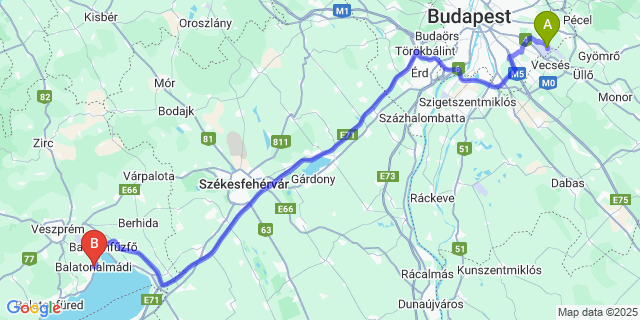 Map: Budapest Airport (BUD), Ferihegy, Liszt Ferenc to Balatonalmádi