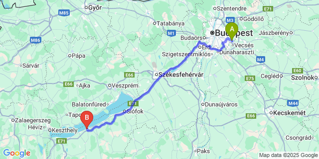 Map: Budapest Airport (BUD), Ferihegy, Liszt Ferenc to Balatonboglár