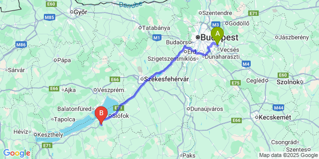 Map: Budapest Airport (BUD), Ferihegy, Liszt Ferenc to Balatonendréd