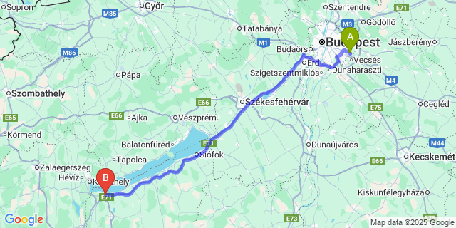 Map: Budapest Airport (BUD), Ferihegy, Liszt Ferenc to Balatonkeresztúr
