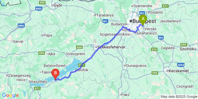 Map: Budapest Airport (BUD), Ferihegy, Liszt Ferenc to Balatonlelle