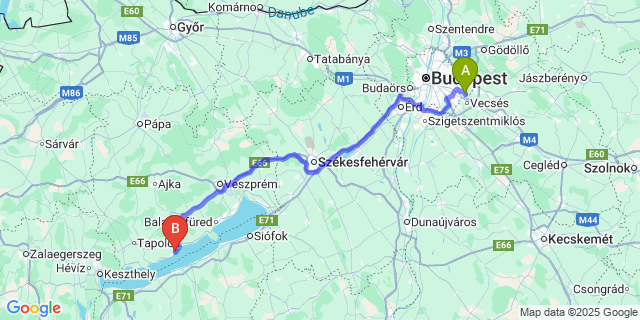 Map: Budapest Airport (BUD), Ferihegy, Liszt Ferenc to Balatonszepezd