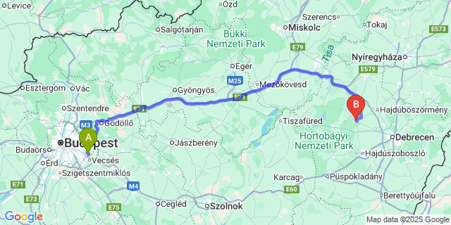Map: Budapest Airport (BUD), Ferihegy, Liszt Ferenc to Balmazújváros