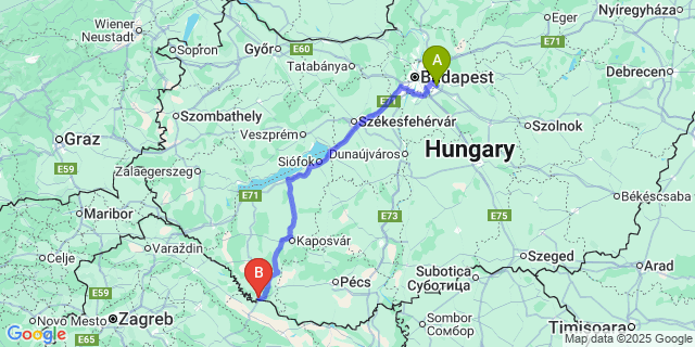 Map: Budapest Airport (BUD), Ferihegy, Liszt Ferenc to Barcs
