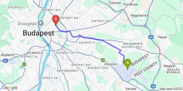 Map: Budapest Airport (BUD), Ferihegy, Liszt Ferenc to Baroque Hostel & Coworking