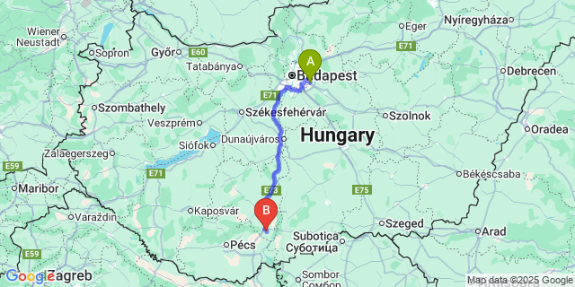 Map: Budapest Airport (BUD), Ferihegy, Liszt Ferenc to Bátaszék