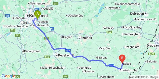 Map: Budapest Airport (BUD), Ferihegy, Liszt Ferenc to Békés