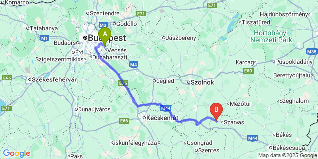 Map: Budapest Airport (BUD), Ferihegy, Liszt Ferenc to Békésszentandrás