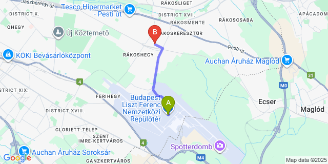 Map: Budapest Airport (BUD), Ferihegy, Liszt Ferenc to ?bel Pension Budapest
