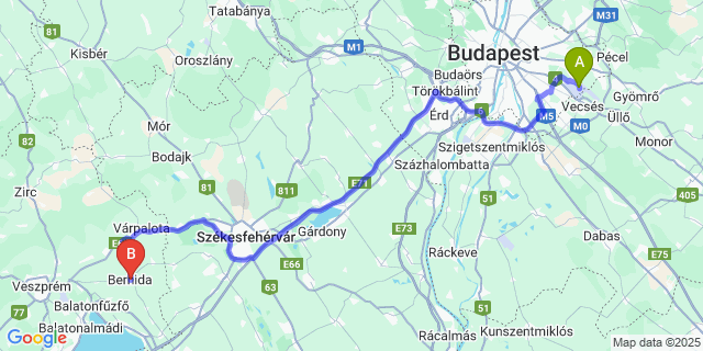 Map: Budapest Airport (BUD), Ferihegy, Liszt Ferenc to Berhida