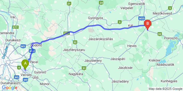 Map: Budapest Airport (BUD), Ferihegy, Liszt Ferenc to Besenyőtelek