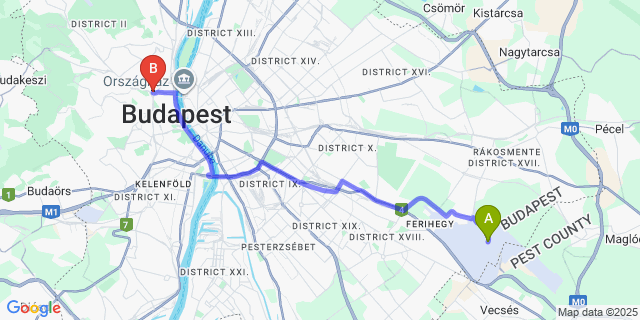 Map: Budapest Airport (BUD), Ferihegy, Liszt Ferenc to Bi&Bi Panzió