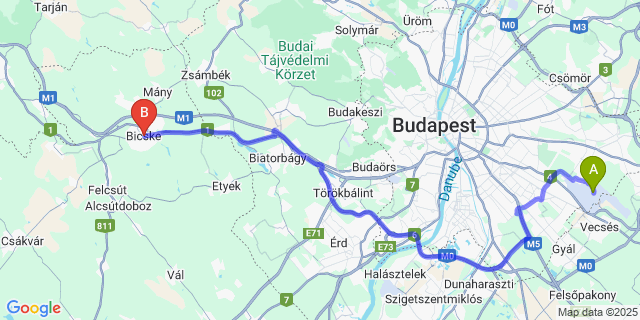Map: Budapest Airport (BUD), Ferihegy, Liszt Ferenc to Bicske