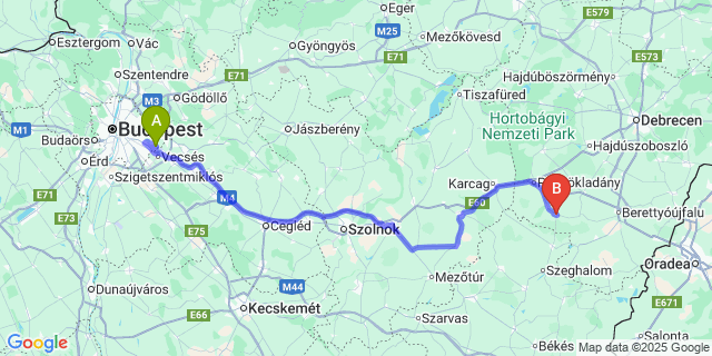 Map: Budapest Airport (BUD), Ferihegy, Liszt Ferenc to Biharnagybajom