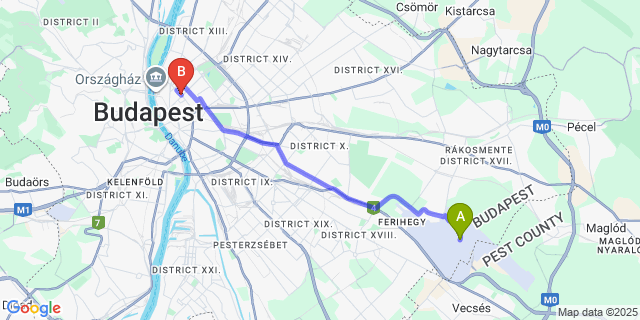 Map: Budapest Airport (BUD), Ferihegy, Liszt Ferenc to Blue Velvet