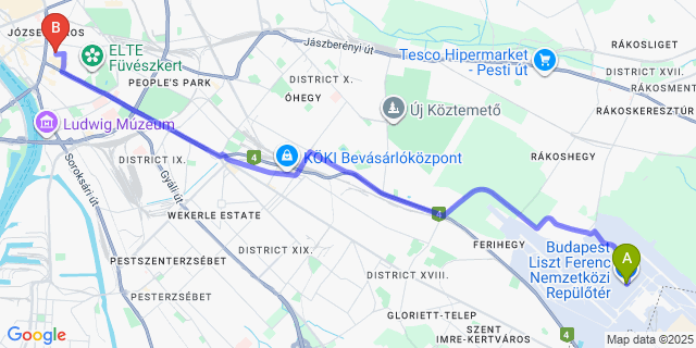 Map: Budapest Airport (BUD), Ferihegy, Liszt Ferenc to Bo18 Hotel Superior