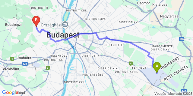 Map: Budapest Airport (BUD), Ferihegy, Liszt Ferenc to Bobbio Hotel