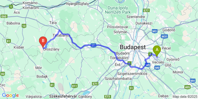 Map: Budapest Airport (BUD), Ferihegy, Liszt Ferenc to Bokod