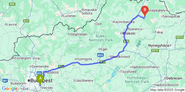 Map: Budapest Airport (BUD), Ferihegy, Liszt Ferenc to Boldogkőújfalu