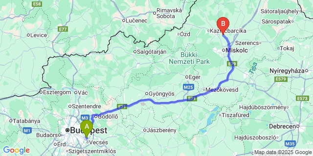Map: Budapest Airport (BUD), Ferihegy, Liszt Ferenc to Boldva