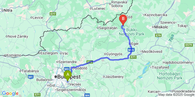 Map: Budapest Airport (BUD), Ferihegy, Liszt Ferenc to Borsodnádasd