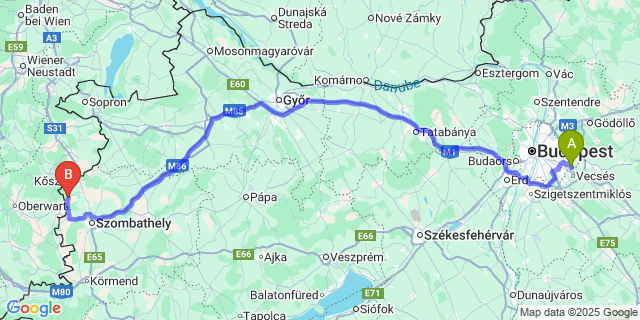 Map: Budapest Airport (BUD), Ferihegy, Liszt Ferenc to Bozsok