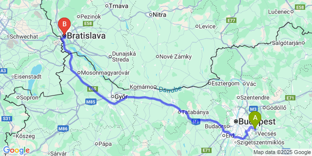 Map: Budapest Airport (BUD), Ferihegy, Liszt Ferenc to Bratislava city (all areas)