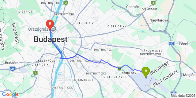 Map: Budapest Airport (BUD), Liszt Ferenc to Budapest 1027