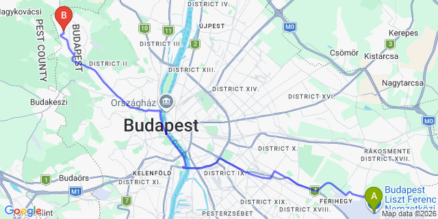 Map: Budapest Airport (BUD), Liszt Ferenc to Budapest 1029