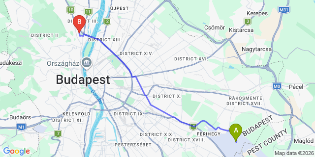 Map: Budapest Airport (BUD), Liszt Ferenc to Budapest 1032