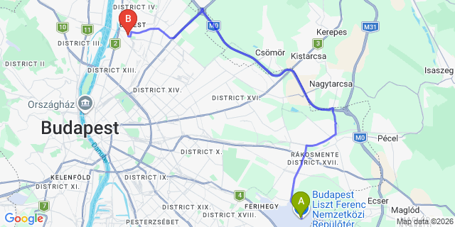 Map: Budapest Airport (BUD), Liszt Ferenc to Budapest 1043
