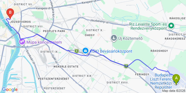 Map: Budapest Airport (BUD), Liszt Ferenc to Budapest 1053