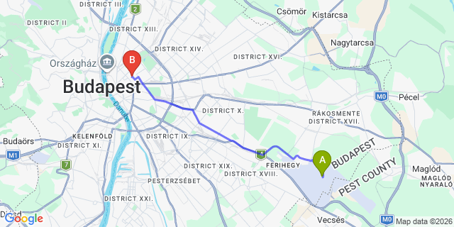Map: Budapest Airport (BUD), Liszt Ferenc to Budapest 1077